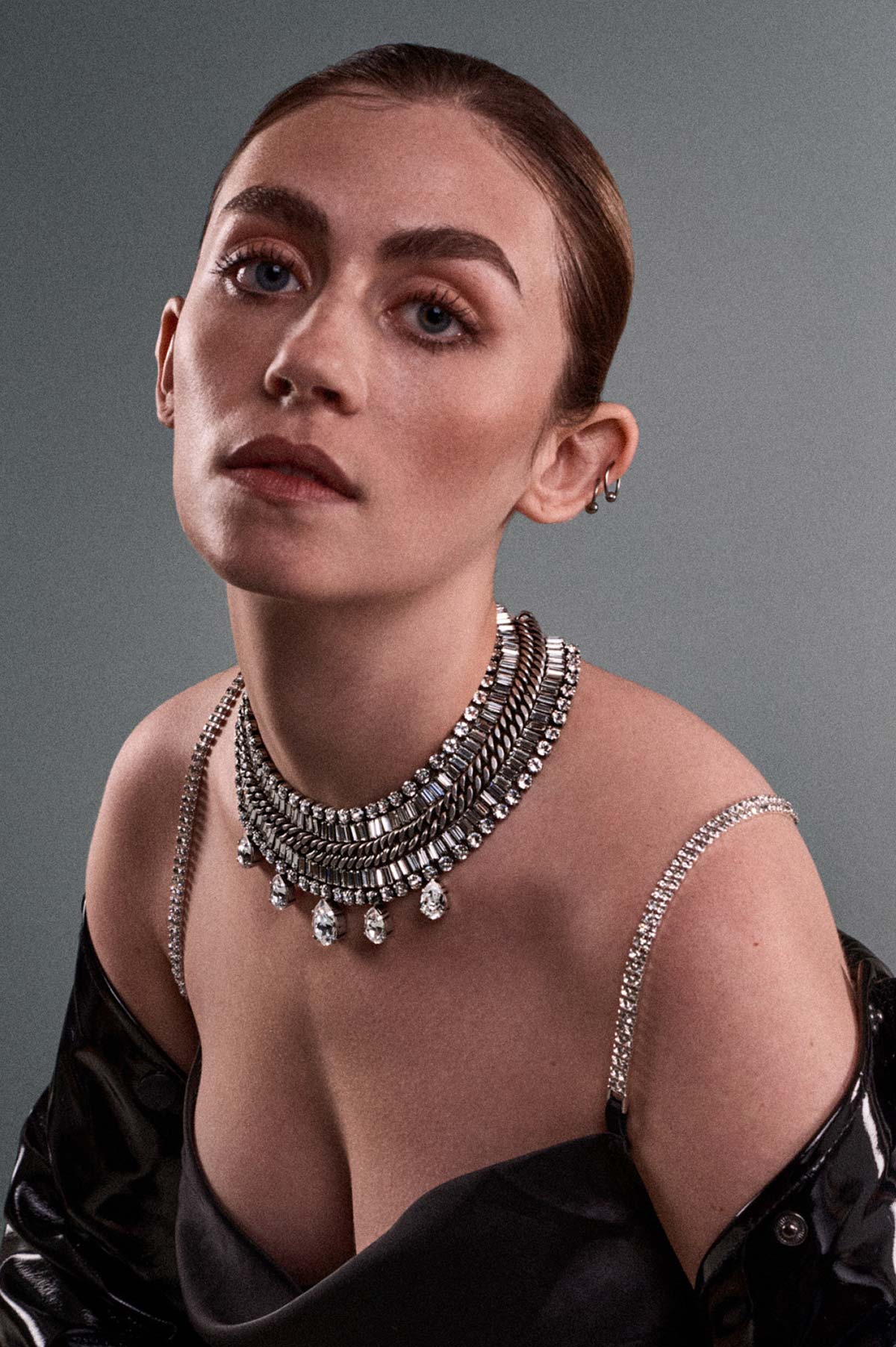 Model wearing TIFAY statement necklace made in silver plated brass with Swarovski clear crystals