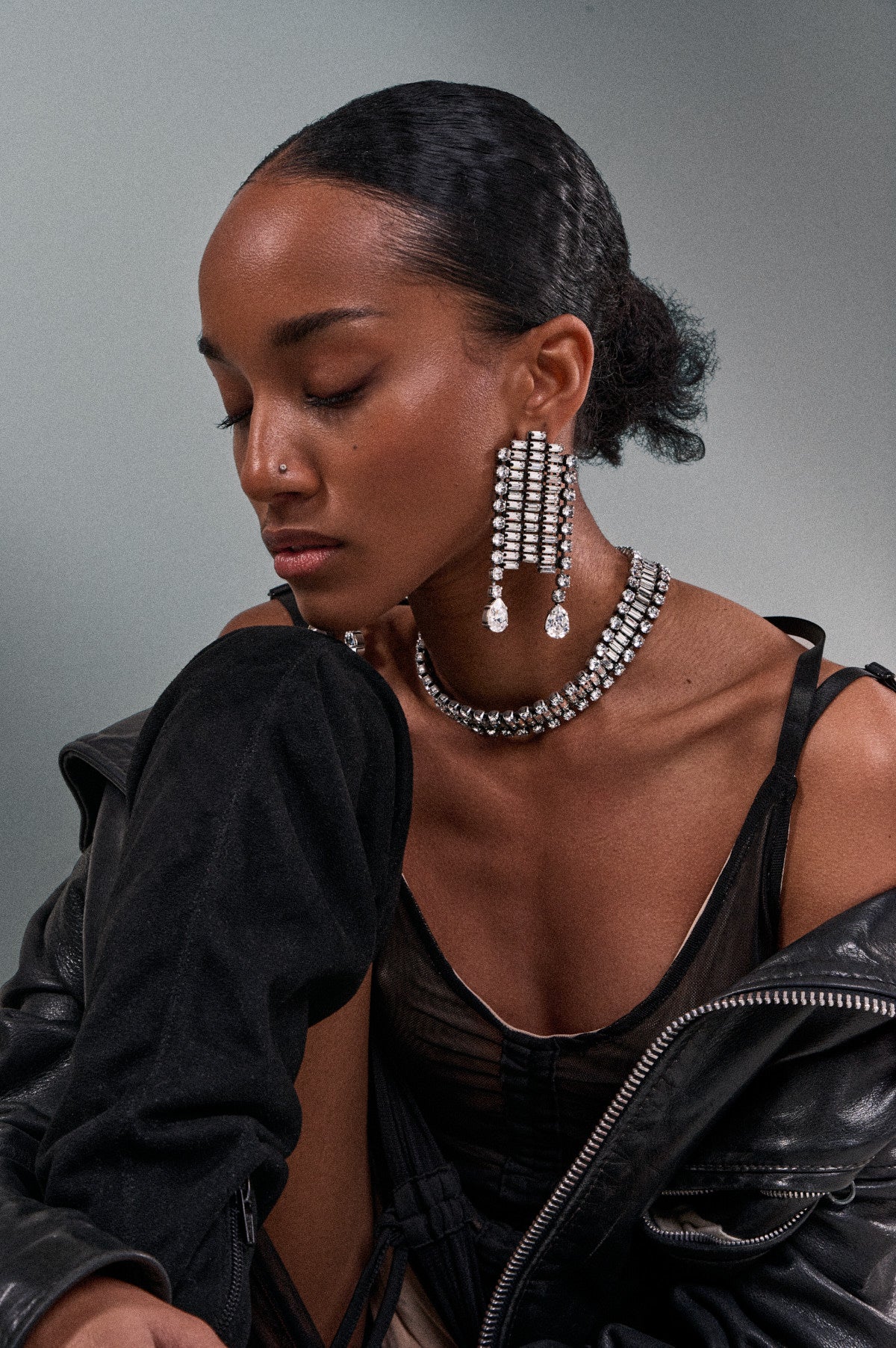 Model wearing ANEIDA jewelries made in silver plated brass and Swarovski clear crystals handmade in France