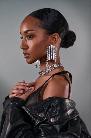 model wearing statement earrings and choker by ANEIDA Jewelry made in silver plated brass with Swarovski crystals designed in Paris, France