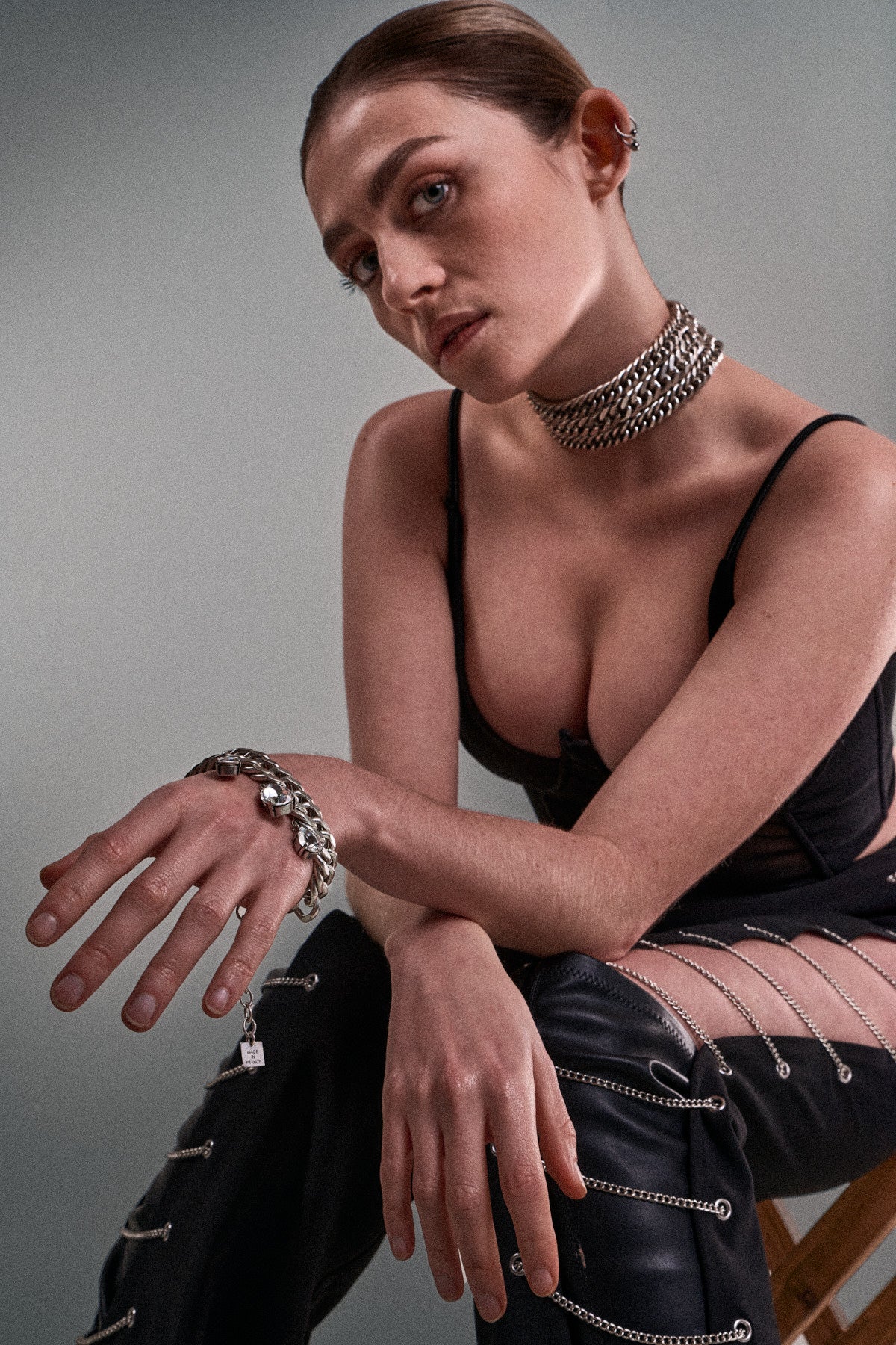 Model wearing ANEIDA jewelries in silver plated brass and Swarovski crystals 