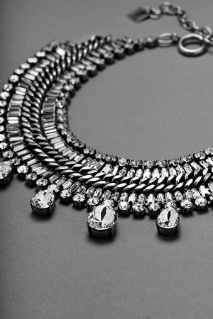 Details of TIFAY statement necklace by ANEIDA Jewelry made in silver plated brass with Swarovski clear crystals